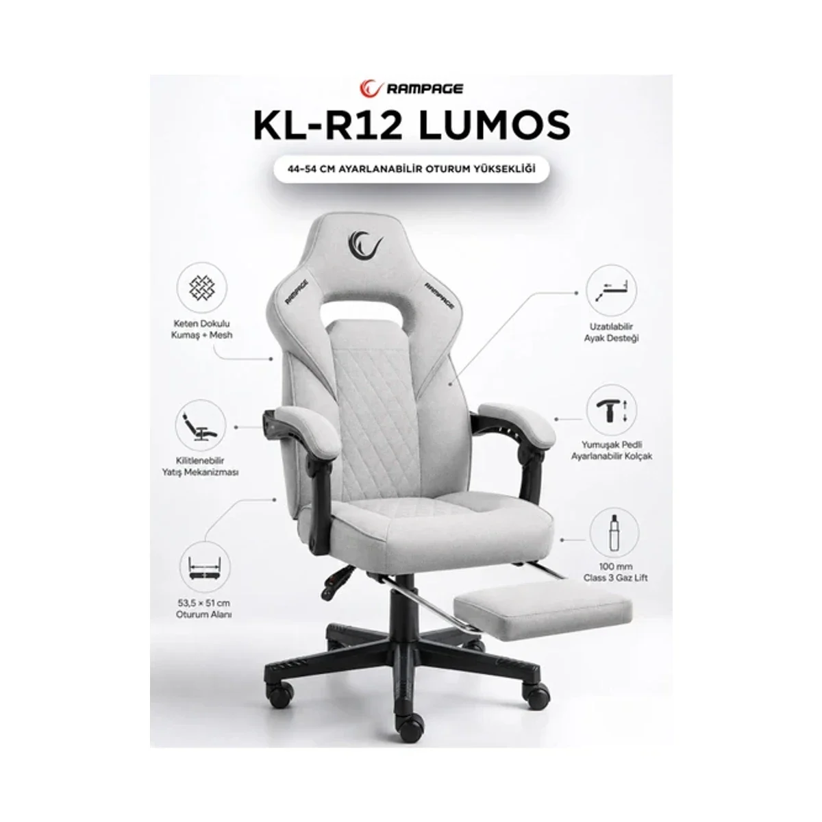 Rampage Lumos Terletmez Kumaş Ayak Destekli Gri Oyuncu Koltuğu