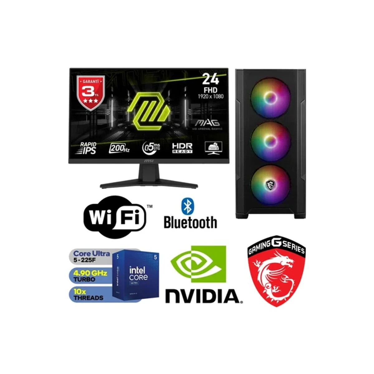 MSİ MSI Şafak-Gaming Pc Intel Core Ultra 5 225F Yapay Zeka Destekli 16GB Ddr5 Ram Rtx 5050 8gb 1tb M.2 SSD 24